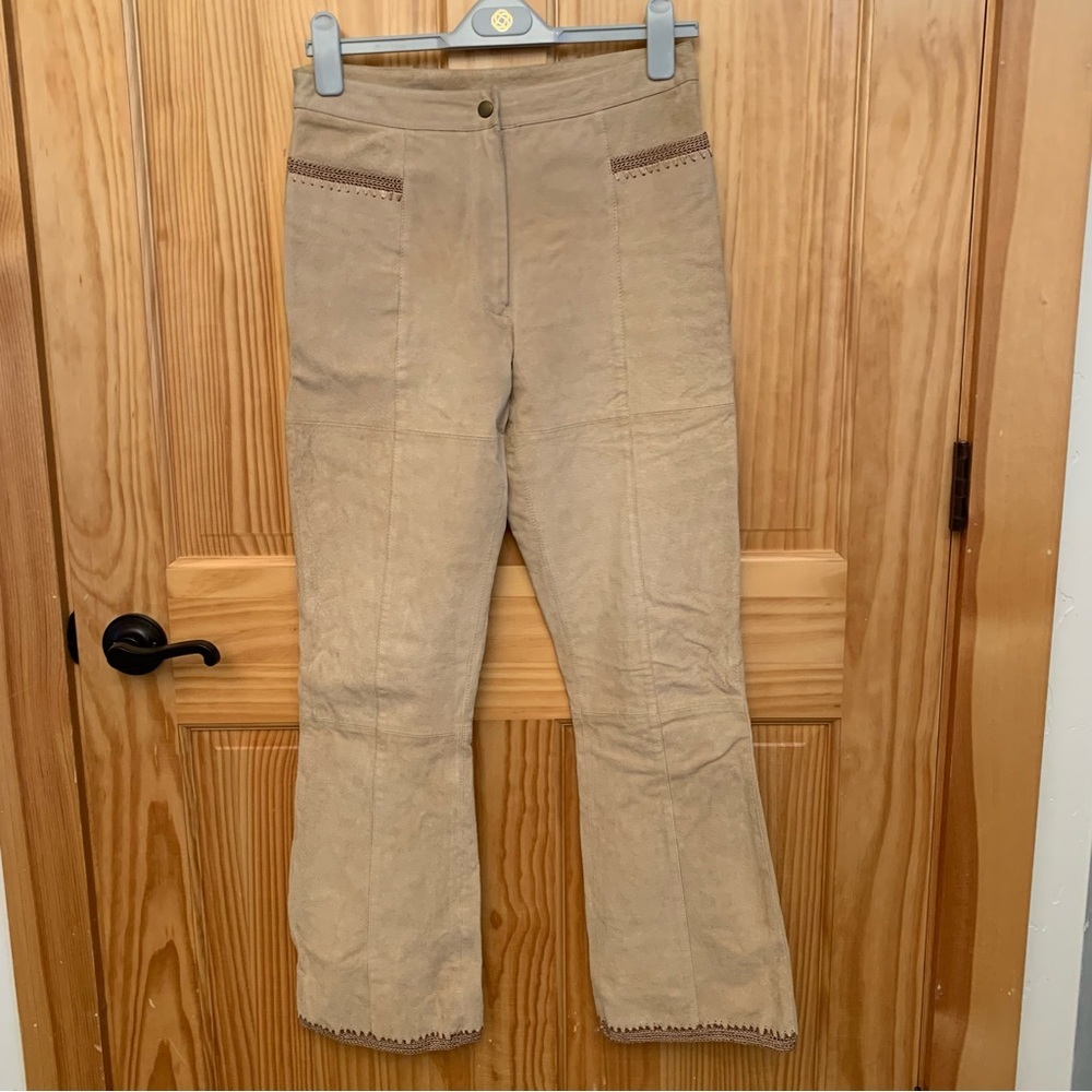 SUEDE ESSENTIALS Tan Leather Suede Embroidered Pants